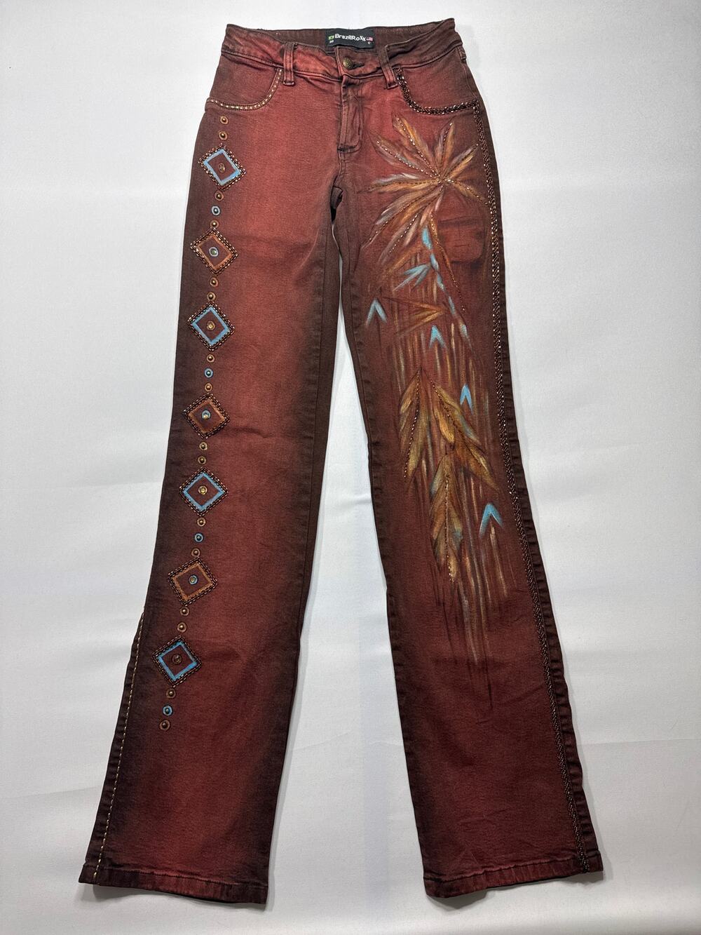 BrazilRoxx Women's Artisanal Boho Embelished Red Brown Jeans - Size 0 (23x33)